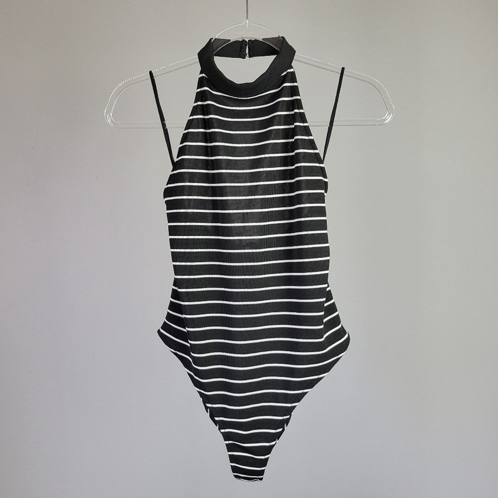 ZARA // black with white stripes high neck open back knit bodysuit